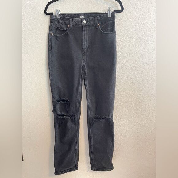 PAIGE Sarah Slim high rise straight leg ripped knees- BLACK. 28 - Picture 4 of 12